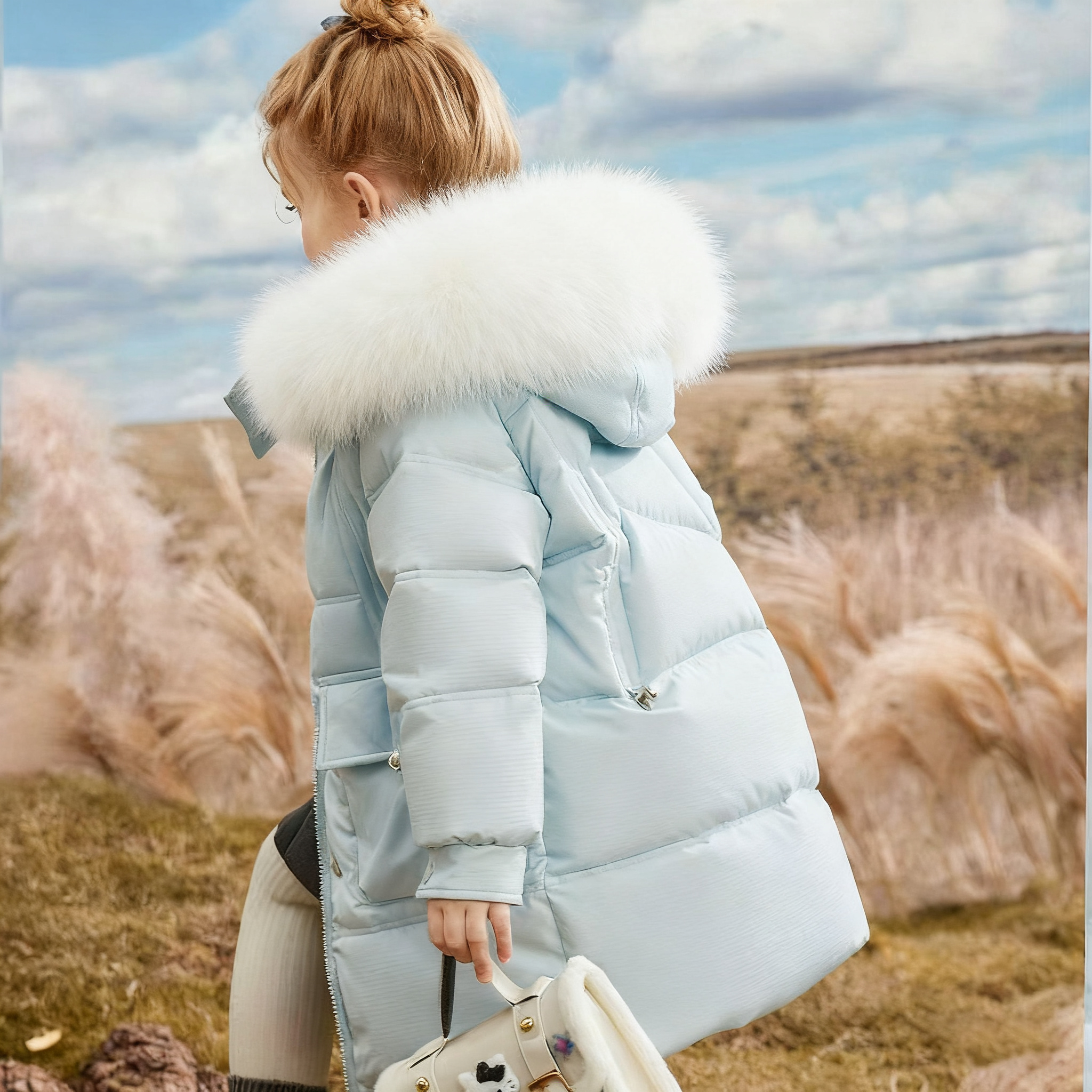 新款大毛领儿童羽绒服中长款女童中大童冬季亲子装宝宝加厚外套潮