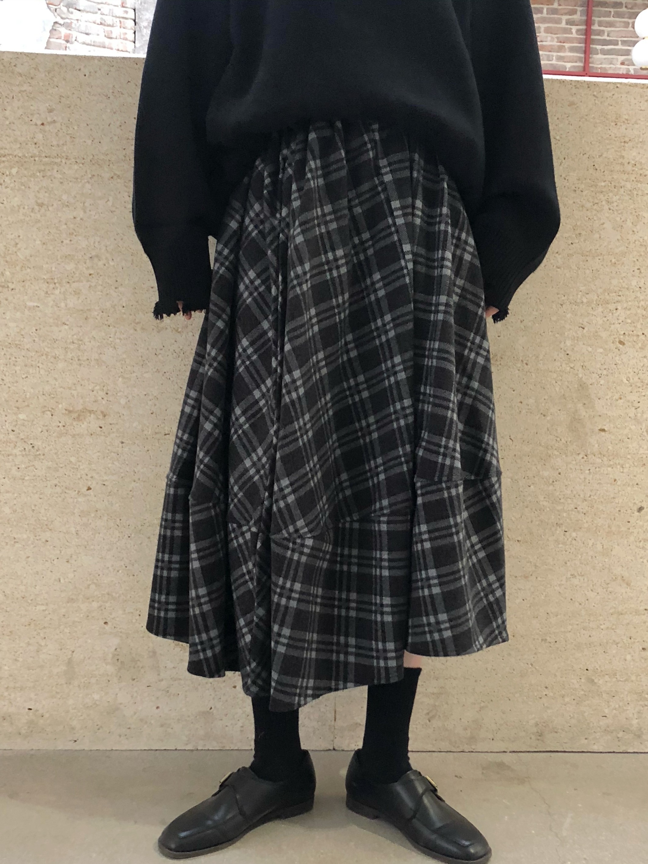 2025冬复古松紧羊毛呢格子半身裙中长款拼接花苞蓬蓬a字裙